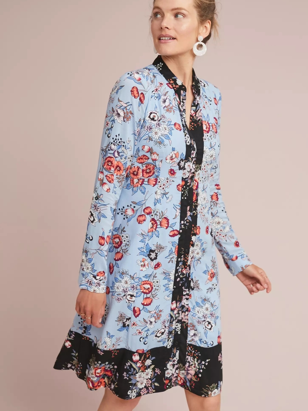 Anthropologie Light Blue Floral Lace-Up Mini Dress